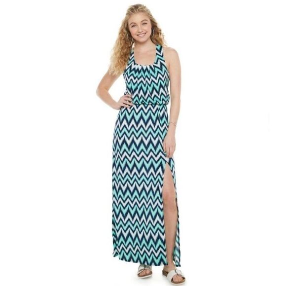 Womens Three Pink Hearts Mint & Navy Cameo Chevron Maxi Dress - Sz M - Picture 1 of 3